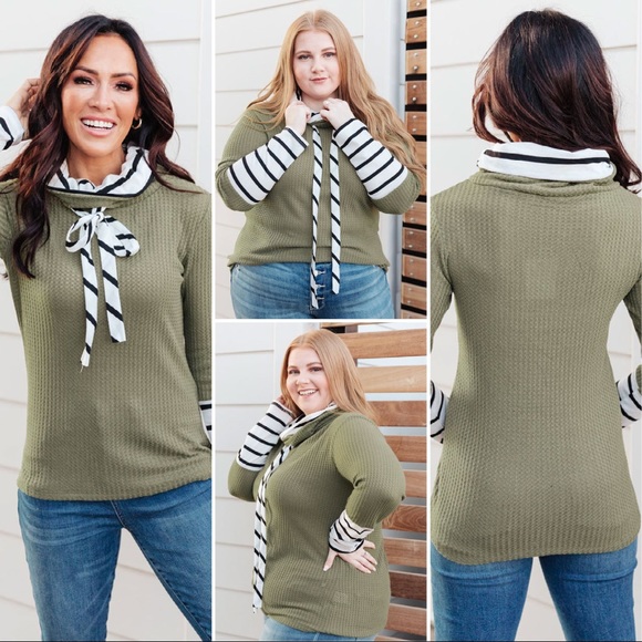 SECRET STRIPES COWL NECK TOP IN OLIVE - Picture 1 of 2